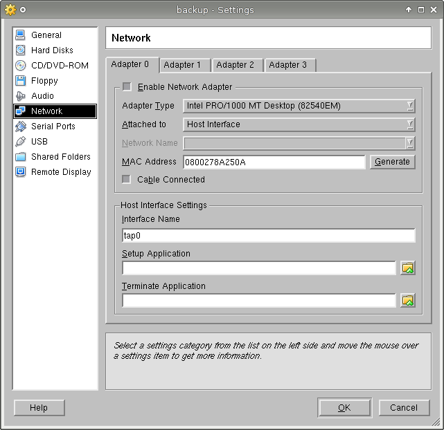VirtualBox parameters for a VM using bridged networking